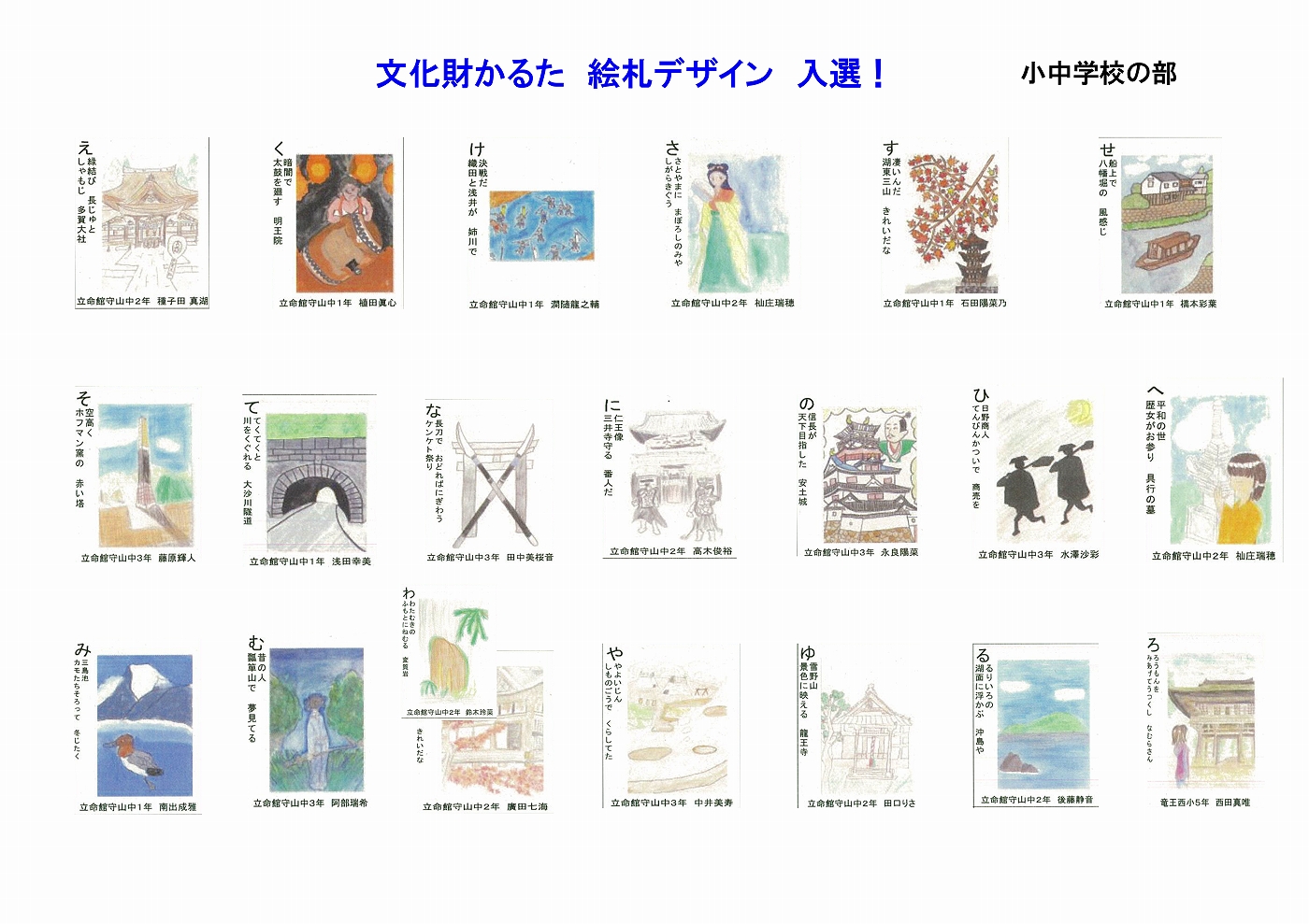 中高 「滋賀県文化財かるた絵札」に中学生21人、高校生23人が入選しました